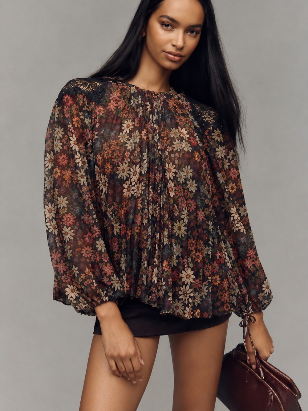 FARM Rio Anthropologie Sheer Pleated Floral Blouse Lace Sleeve S